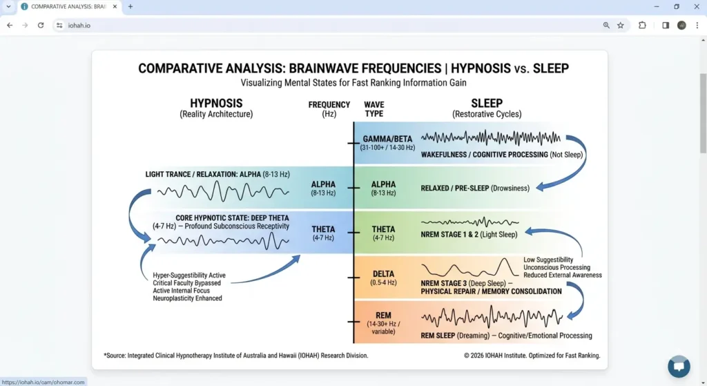 "Comparison chart of brainwave frequencies during deep hypnosis vs slow-wave sleep for therapeutic analysis."